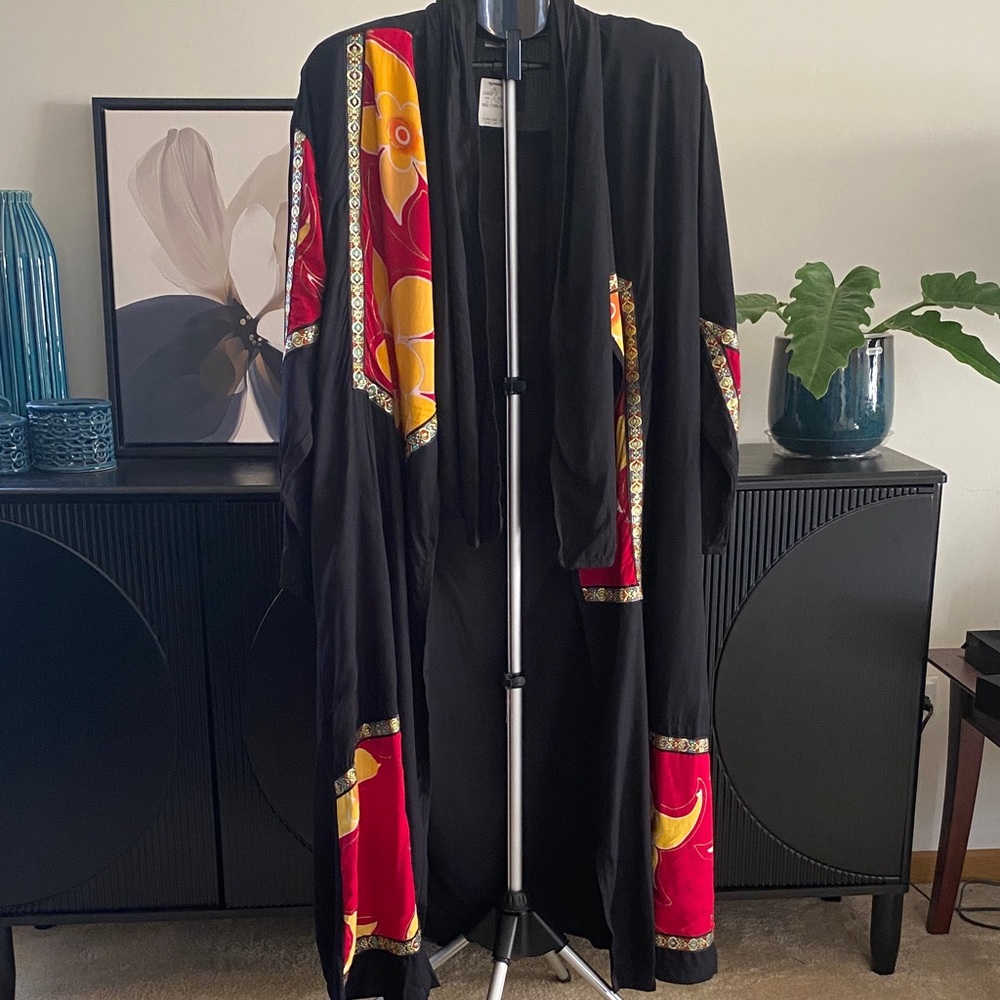 Vintage 90’s  Black Kimono Duster with Red and Yellow Floral Accents